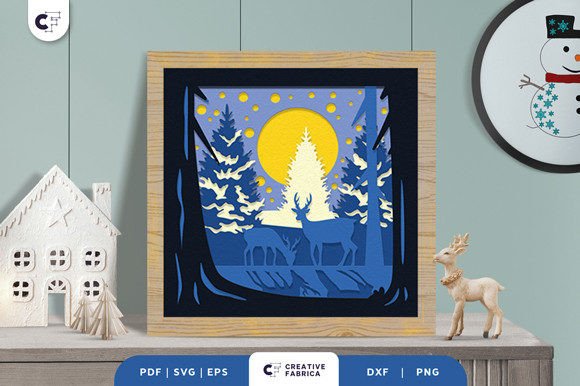 Deer in a Forest Shadow Box: 3D SVG Winter Asset